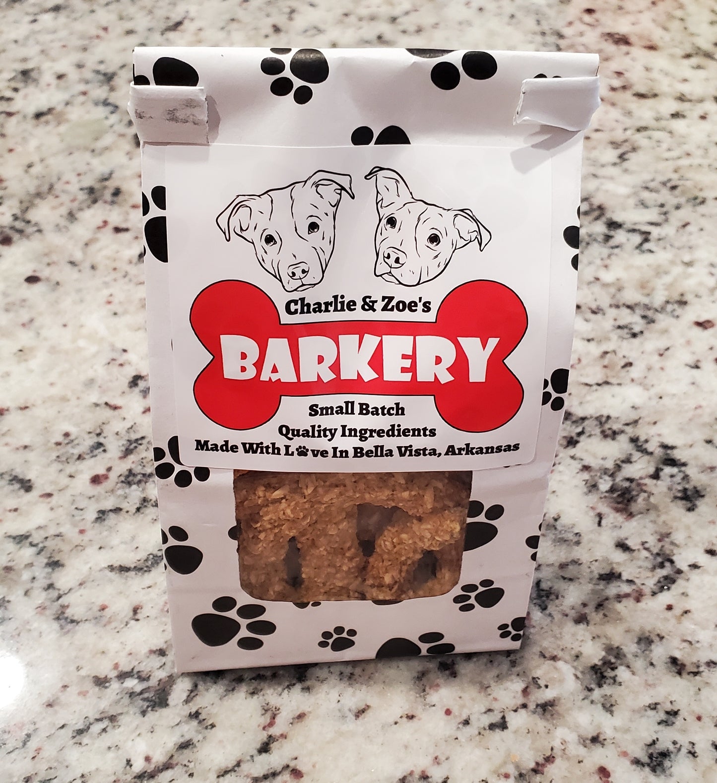 Charlie & Zoe's Barkery white and black packaging with paw prints