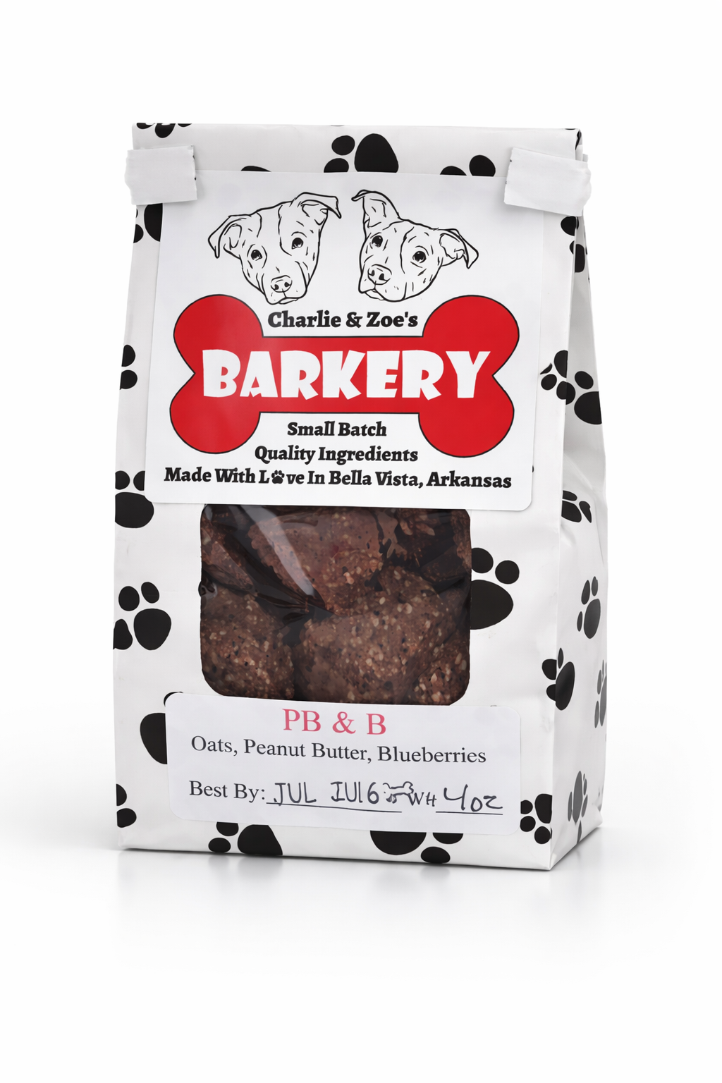 Bag of Charlie & Zoe's Barkery dog treats with visible ingredients on a white background