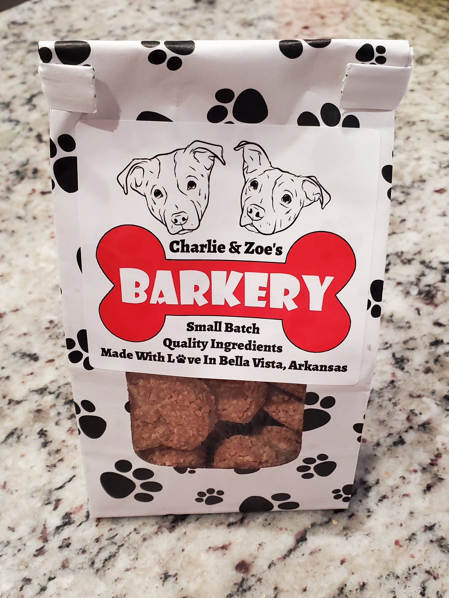 Package of Charlie & Zoe's Barkery dog treats on a granite countertop