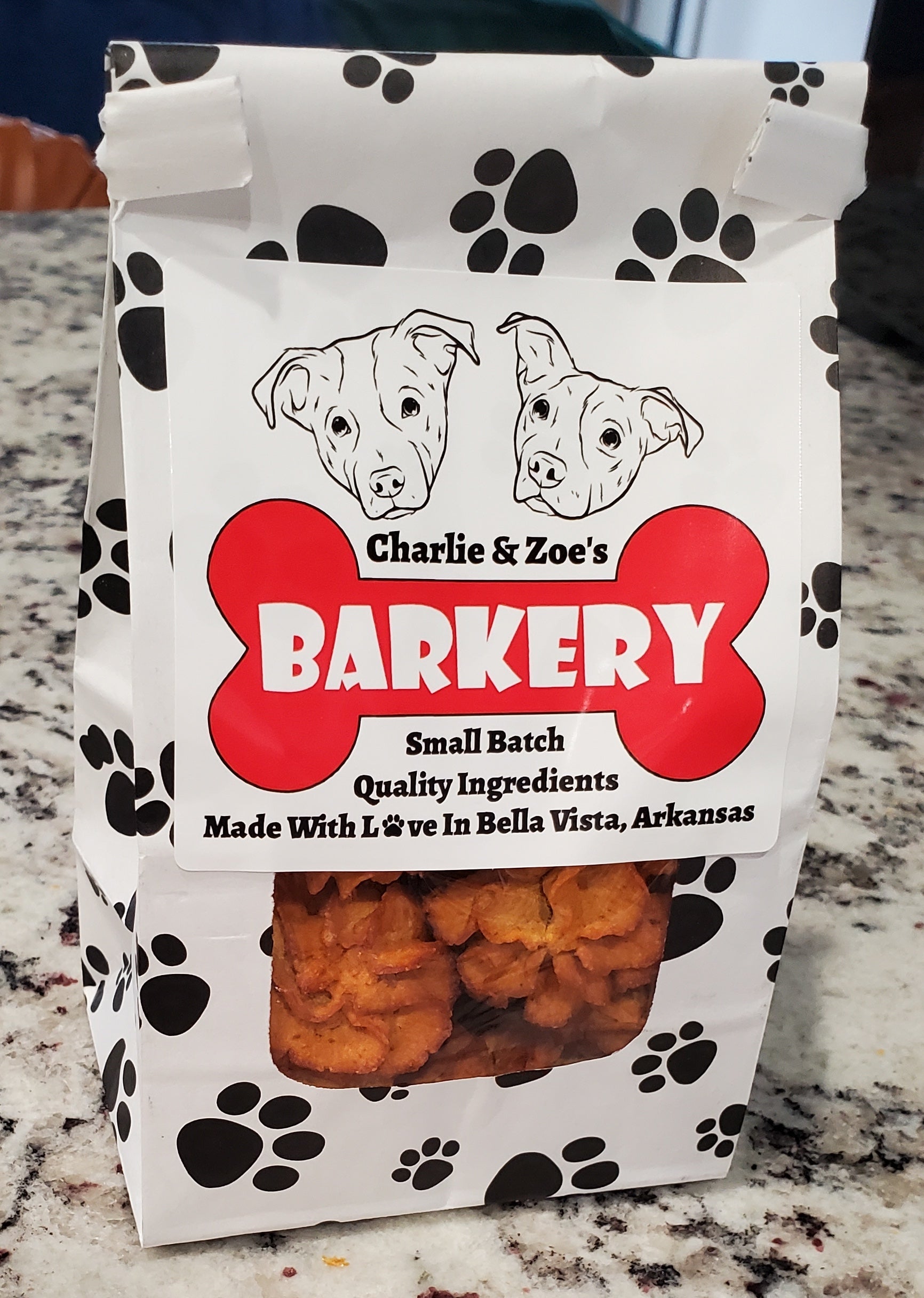 Charlie & Zoe's pawfect bites in black and white treat bag with pawprints on it