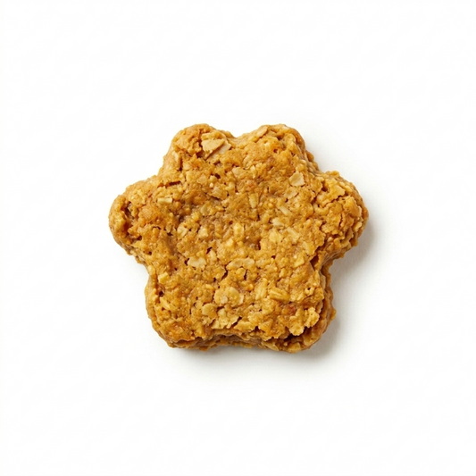Dog treat shaped like a paw print on a white background