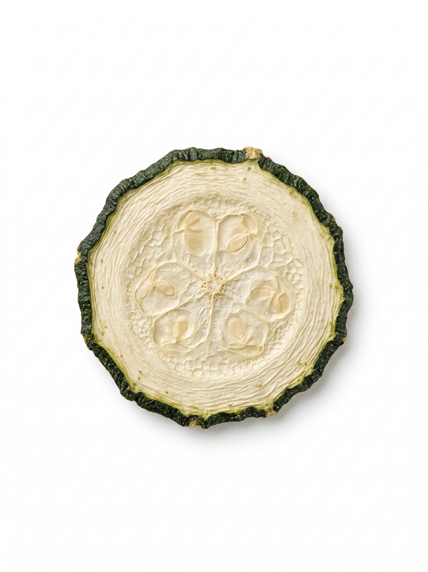 Dehydrated zucchini slice on a white background