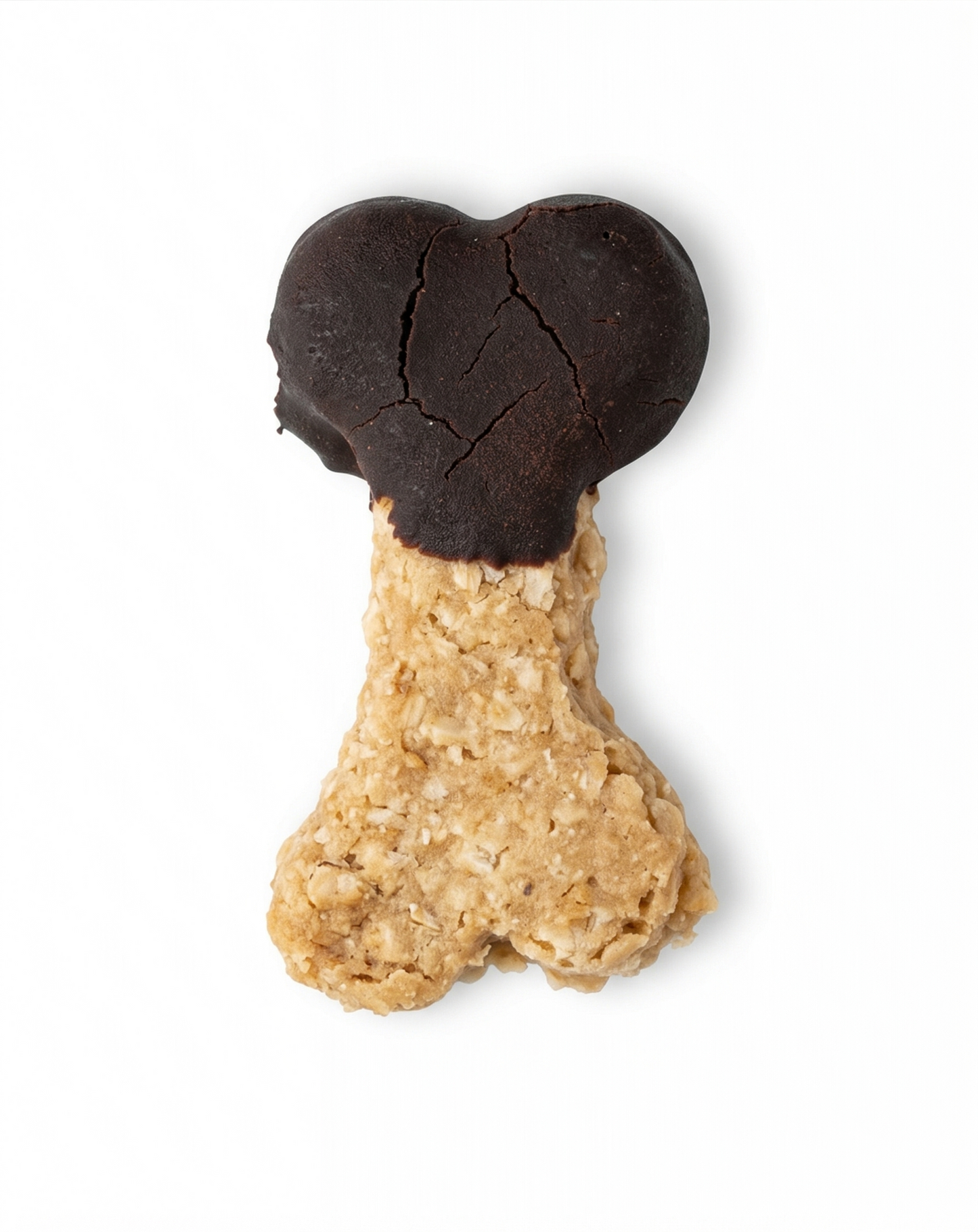 Dog treat shaped like a bone with one side dipped in brown icing on a white background
