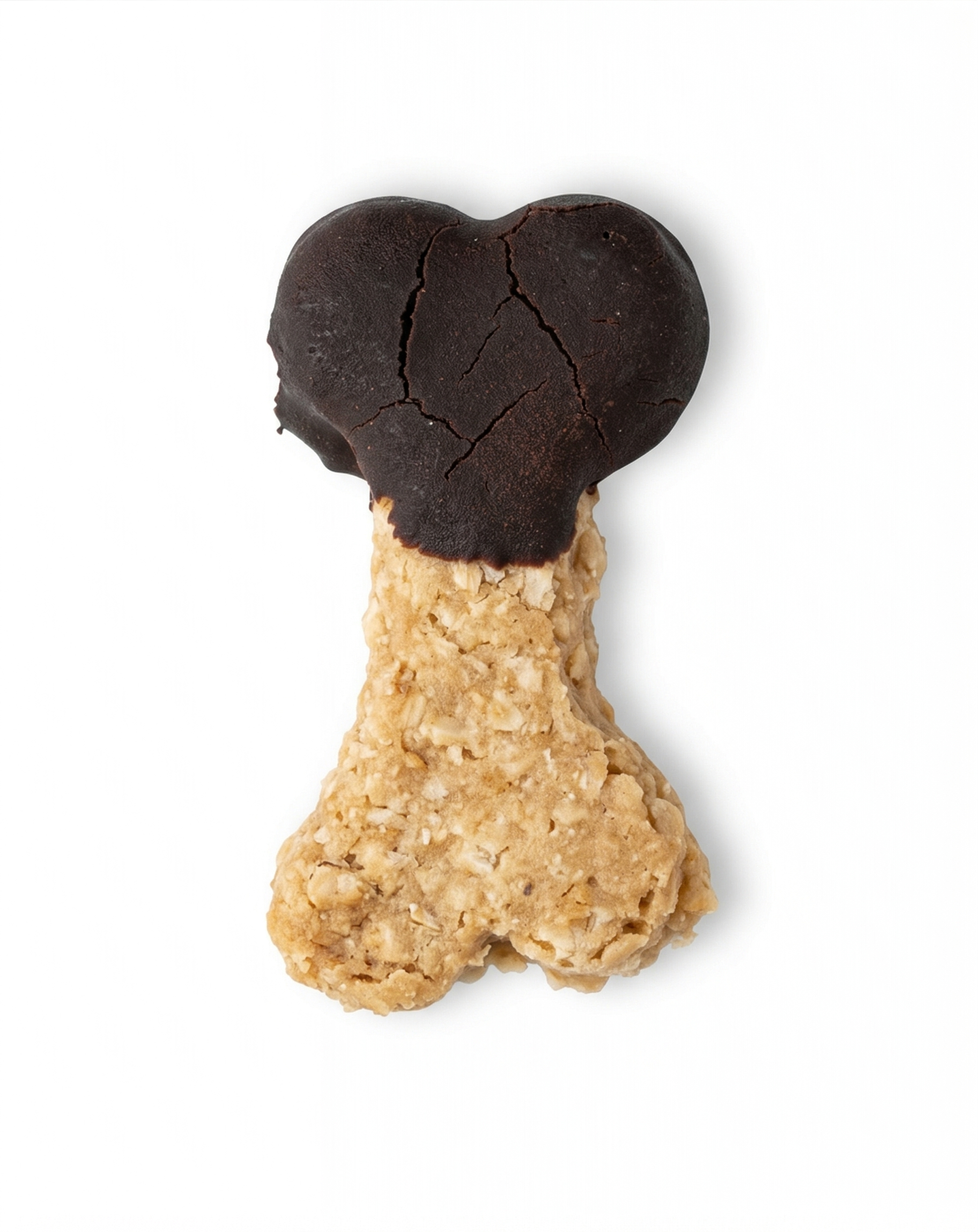 Dog treat shaped like a bone with one side dipped in brown icing on a white background