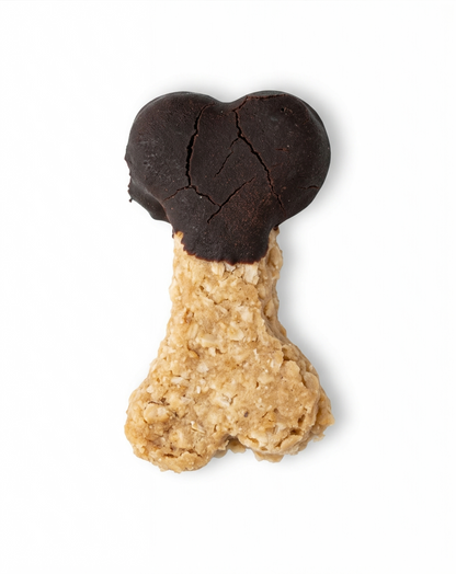 Dog treat shaped like a bone with one side dipped in brown icing on a white background