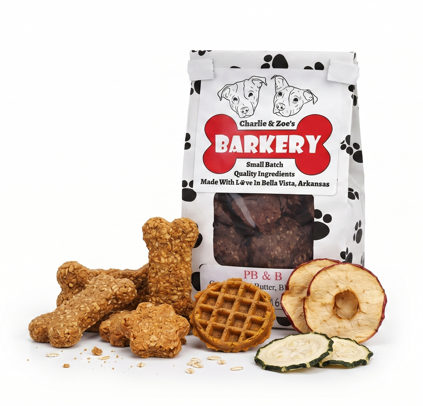 Charlie & Zoe's Barkery dog treats with packaging on a white background