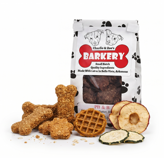 Charlie & Zoe's Barkery dog treats with packaging on a white background