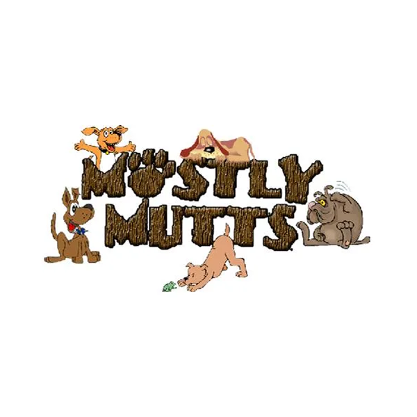 Cartoon dog characters around the text 'Mostly Mutts' on a white background