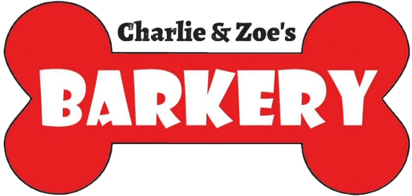 Red bone-shaped logo with 'Charlie & Zoe's Barkery' text