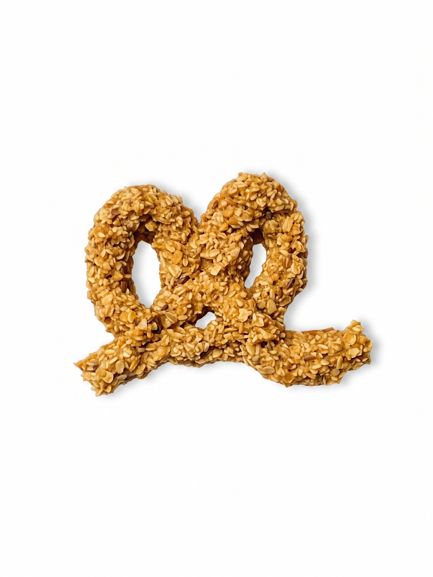 Dog treat shaped like a pretzel on a white background