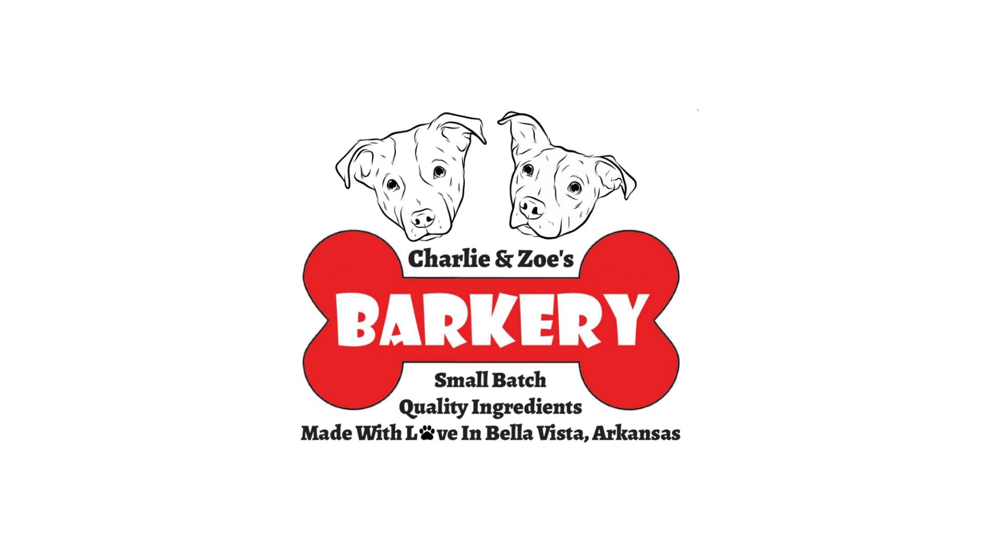 Logo of Charlie & Zoe's Barkery with two dog faces inside a red bone shape on a white background.