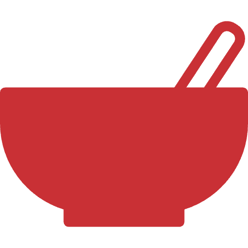 Red icon of a bowl with a spoon on a white background