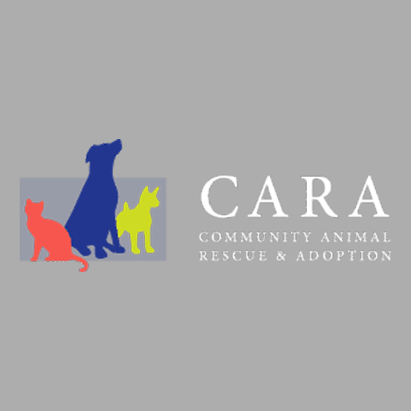Logo of CARA Community Animal Rescue & Adoption with silhouettes of a cat, dog, and another animal on a gray background.