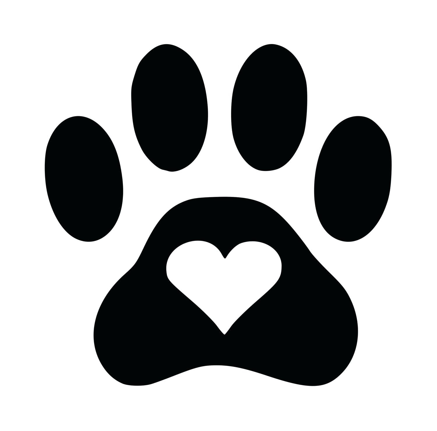 Black paw print with a heart in the center on a white background