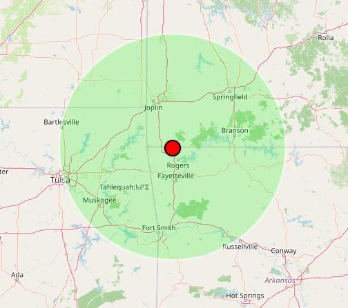 Map with a green circle and red dot indicating a location near Bella Vista, Arkansas.