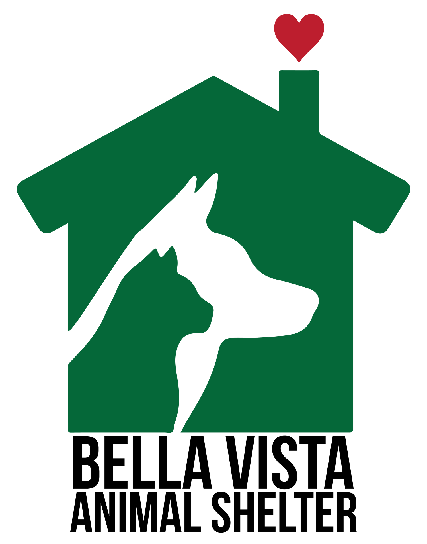 Logo of Bella Vista Animal Shelter with a green house, white dog, and red heart on a white background.