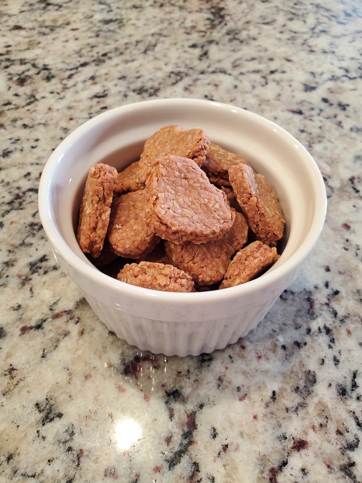 White bowl filled with dog treats on a granite countertop