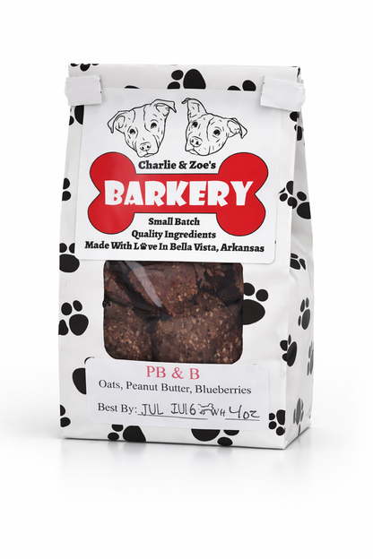 Bag of Charlie & Zoe's Barkery dog treats with visible ingredients on a white background
